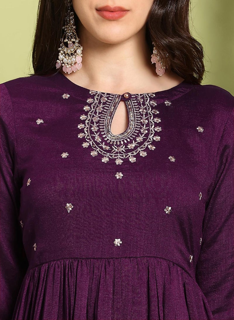 Globus Women Purple Sequin Embroidered Keyhole Neck Anarkali Kurta With Wide Leg Pants Festive Set - Image 5